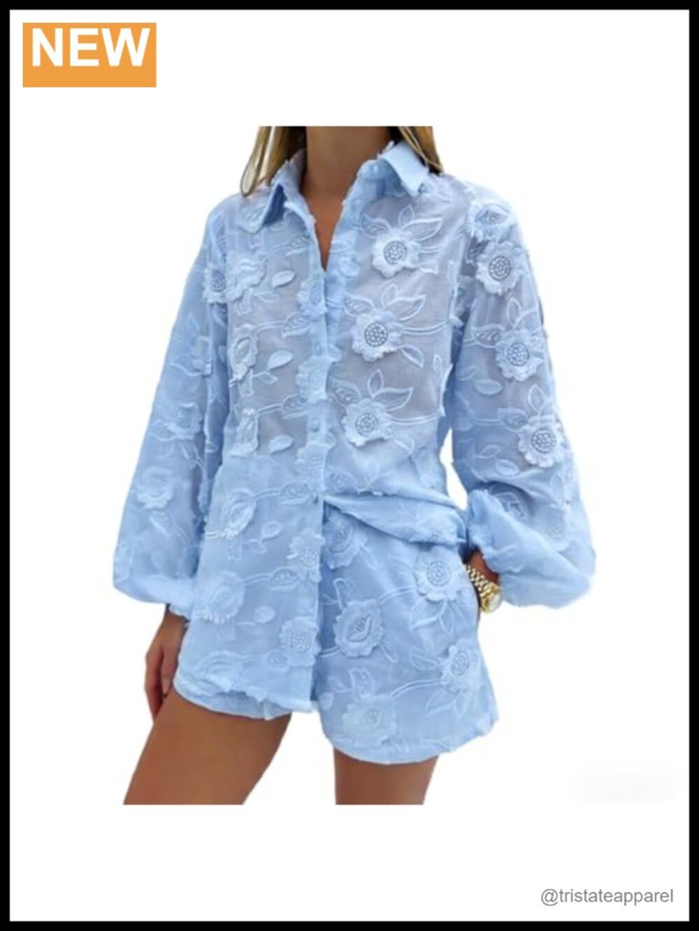 Lace 2 Piece Outfit Long Sleeve Button Top & Lace Up Mini Shorts Set